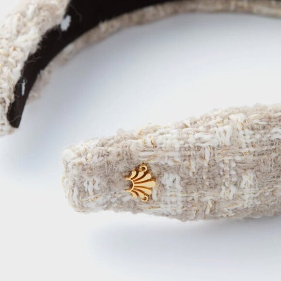 RARE Lele Sadoughi Timeless Beige Tweed Slim Knotted Headband Gold Logo NWOT - Picture 5 of 9